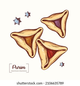 Realistic vector hamantaschen cookies for Jewish festival of Purim. Happy purim, jewish holiday. Vector Hand Drawn. Sketch Illustration.