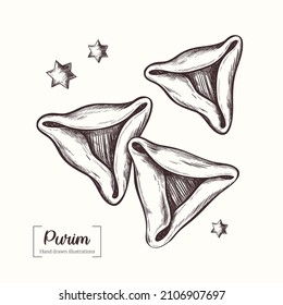 Realistic vector hamantaschen cookies for Jewish festival of Purim. Happy purim, jewish holiday. Vector Hand Drawn. Sketch Illustration.