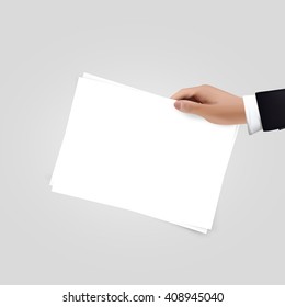 Realistic vector Hand holding paper isolated on white. Blank design