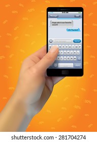 Realistic vector hand holding a phone.  Sales