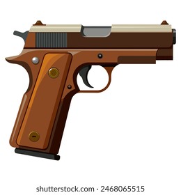 Realistic Vector Handgun Icon on White Background with brown handle, gunmetal closeup, and trigger