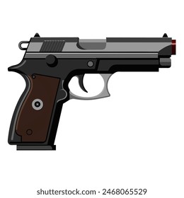 Realistische Vektorgrafik Handgun Icon auf weißem Hintergrund mit braunem Griff, Gunmetal Nahaufnahme und Trigger