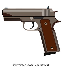 Realistic Vector Handgun Icon on White Background with brown handle, gunmetal closeup, and trigger