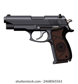 Realistic Vector Handgun Icon on White Background with brown handle, gunmetal closeup, and trigger