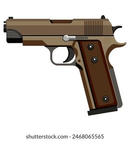 Icono de pistola de Vector realista sobre fondo blanco con mango marrón, primer plano de metal y gatillo