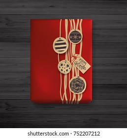 Realistic Vector: Handmade Creative Christmas Gift Box On Wooden Blackboard