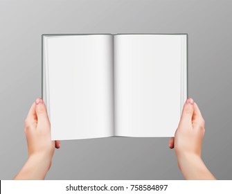 Realistic vector hands holding blank open book isolated on grey background