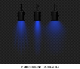 Realistic vector hanging lamps with blue light on a transparent background. Black metal body, suspended structure, soft lighting, beam effect, stage projector, glowing reflection.