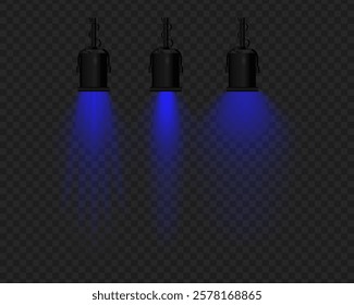 Realistic vector hanging lamps with blue light on a transparent background. Black metal body, suspended structure, soft lighting, beam effect, stage projector, glowing reflection.