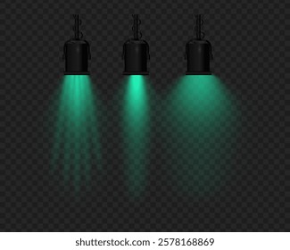 Realistic vector hanging lamps with green light on a transparent background. Black metal body, suspended structure, soft lighting, beam effect, stage projector, glowing reflection.