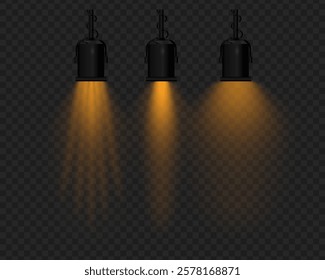 Realistic vector hanging lamps with orange light on a transparent background. Black metal body, suspended structure, soft lighting, beam effect, stage projector, glowing reflection.