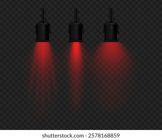 Realistic vector hanging lamps with red light on a transparent background. Black metal body, suspended structure, soft lighting, beam effect, stage projector, glowing reflection.