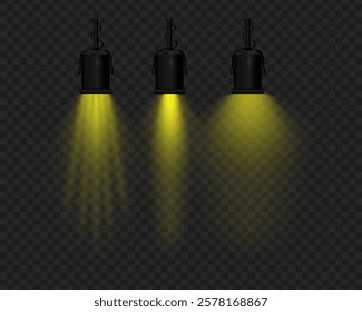 Realistic vector hanging lamps with yellow light on a transparent background. Black metal body, suspended structure, soft lighting, beam effect, stage projector, glowing reflection.