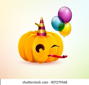 Realistic vector Happy Halloween pumpkin with a carved face of it with balloons and a festive cap, winks and tune. Autumn