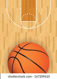 A realistic vector hardwood textured basketball court with basketball at the bottom. EPS 10. File contains transparencies. 