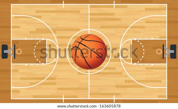 A realistic vector hardwood textured basketball court\
with basketball in the center court. EPS 10. File contains\
transparencies. 