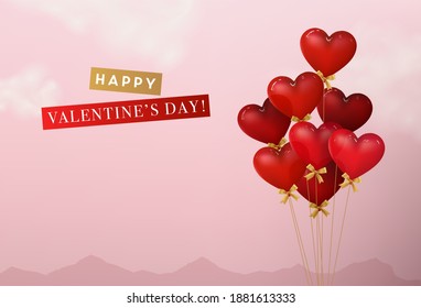 Realistic vector heart shape balloons. Romantic Valentine's Day greeting card.