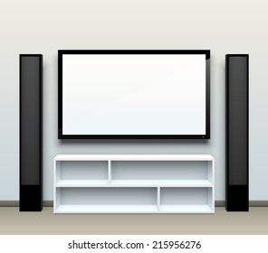 Realistic vector home cinema illustration with a blank TV screen and tall speakers on the sides. EPS10 vector image.