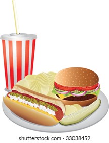 Realistic vector hotdog, cheeseburger, chips, pickle and drink.