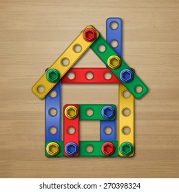 Realistic vector house concept structure symbol made of plastic details from children's building kit on the light wood desk background
