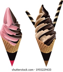 Realistic vector of ice cream with detailed object, pink and chocolate