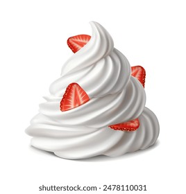 realistic vector icon illustration. White whipped cream with whole  half strawberries.