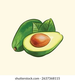 Realistic vector icon set Whole green avocado and sliced in half Isolated on white background