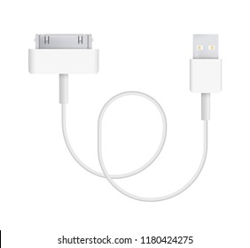 The realistic vector illustration of 30 pin to USB cable. Connector or plug for connecting and charging phones, mobile devices, computers, tv, tablets, and game consoles.