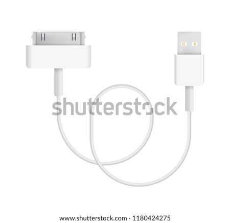 The realistic vector illustration of 30 pin to USB cable. Connector or plug for connecting and charging phones, mobile devices, computers, tv, tablets, and game consoles.
