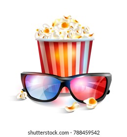 Realistic vector illustration of 3d glasses with popcorn.