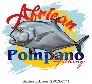 Realistic vector illustration of an African Pompano fish with artistic typography and abstract background. Designed for fishing enthusiasts and marine-themed prints.