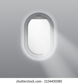 Realistic vector illustration of an airplane porthole with rays of light.