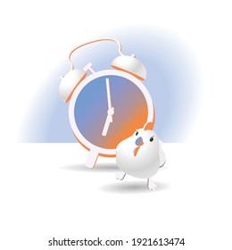 Ilustración vectorial realista de un reloj despertador. El despertador suena y el pájaro se regocija en el nuevo día