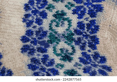 Ilustración vectorial realista de un fondo de tela blanca de punto con un adorno artesanal azul-verde de lana de merino argentino.
