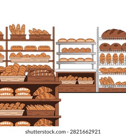 A realistic vector illustration of a bakery interior featuring wooden display shelves filled with fresh bread, artisan loaves, baguettes, rolls, and pastries. The organized bakery shop layout and inviting retail display make this image perfect for bakery branding, food marketing, grocery promotions, restaurant materials, menus, advertisements, and commercial design projects.