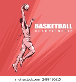 Realistic Vector Illustration of a Basketball Player Jumping with Ball on Red Background. Basketball Player high Jump in Action Silhouette.