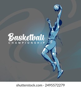 Realistic Vector Illustration of a Basketball Player Jumping with Ball on dark Background. Basketball Player high Jump in Action Silhouette