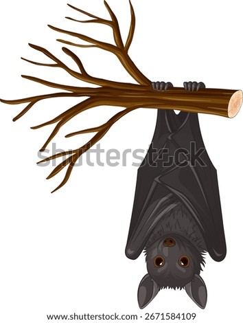 Realistic vector illustration of a bat hanging upside down from a branch with natural textures.