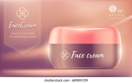 Realistic vector illustration of beautiful  face cream jar with pink lid. Mock up of luxury facial cream container. 3d design of moisturizing anti-aging cosmetic product ad. Premium cream ad template