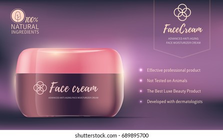 Realistic vector illustration of beautiful glowing face cream jar with pink lid and text. 3d design of moisturizing anti-aging cosmetic product ad with cream advantages. Facial cream container mock up