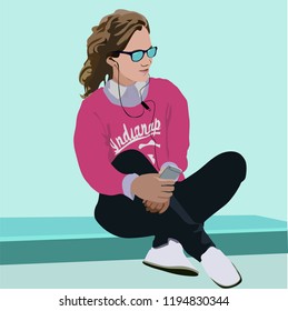 Realistic vector illustration of a beautiful young girl who listens to music