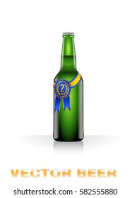 Realistic vector illustration of beer bottle with blue contest mark