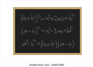 Realistic vector illustration of a black board with mathematical formulas written in chalk isolated on a white background