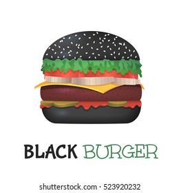 Realistic vector illustration of black burger.Hamburger with meat, lettuce, cucumbers, cheese, bow and tomato. Vector burger isolated.