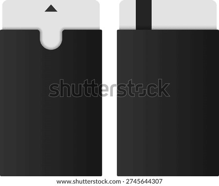 Realistic vector illustration of a black card holder with an access card partially inserted and removed, shown in front and back views. ideal for concepts of identification, security, office access