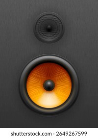 Realistic vector illustration of black speakers on textured surface. Boombox woofer. Acoustic audio systems. Stereo equipment in modern design. Detailed icon for music, podcast, concert or party.