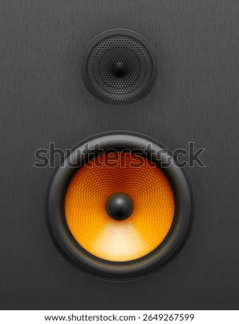 Realistic vector illustration of black speakers on textured surface. Boombox woofer. Acoustic audio systems. Stereo equipment in modern design. Detailed icon for music, podcast, concert or party.