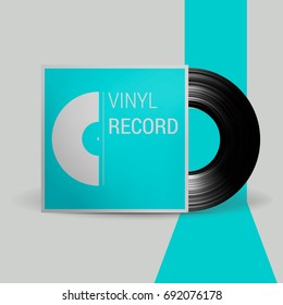 Realistic vector illustration of black vinyl record disk in paper case with Cover Mockup on gray background Retro design