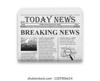 Realistic vector illustration of black and white newspaper layout.