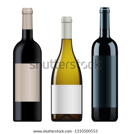 Realistic vector illustration of black and white wine bottles Isolated on white background. Front view of the wine bottle with label. 